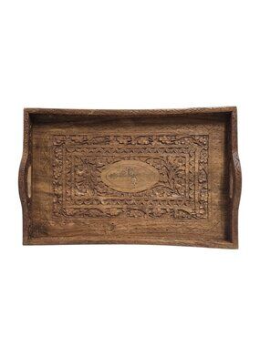 Artisan Carved & Inlaid Wood Serving Tray